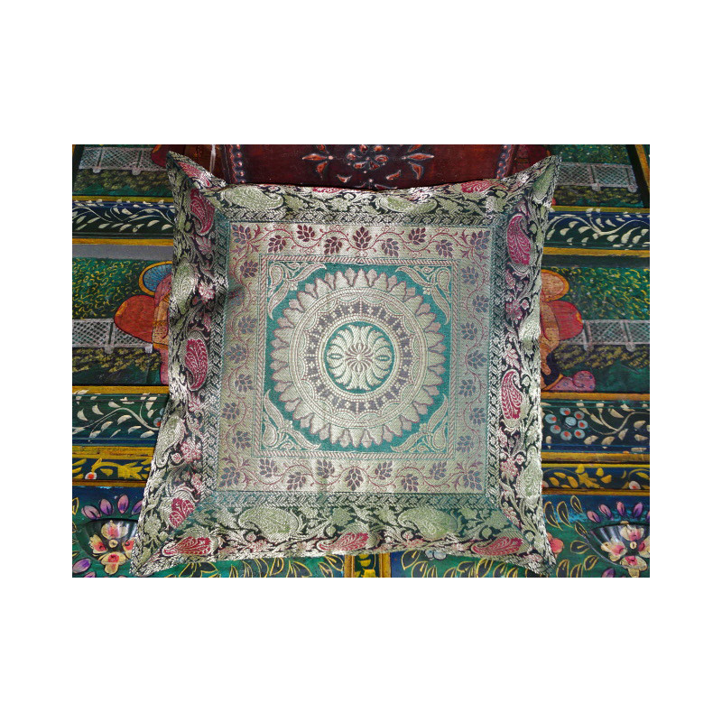 Mandala cushion cover dark green brocade edge - 2