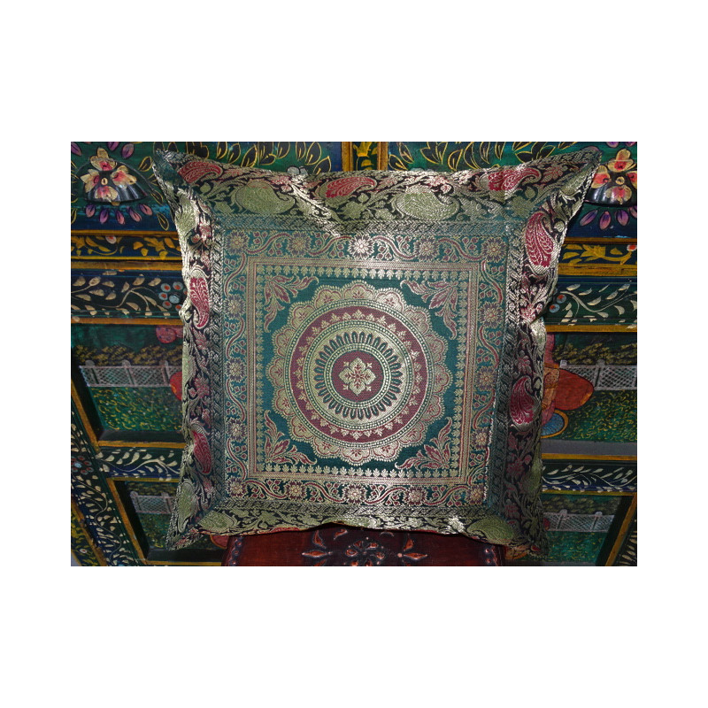 Mandala cushion cover dark green brocade edge - 3