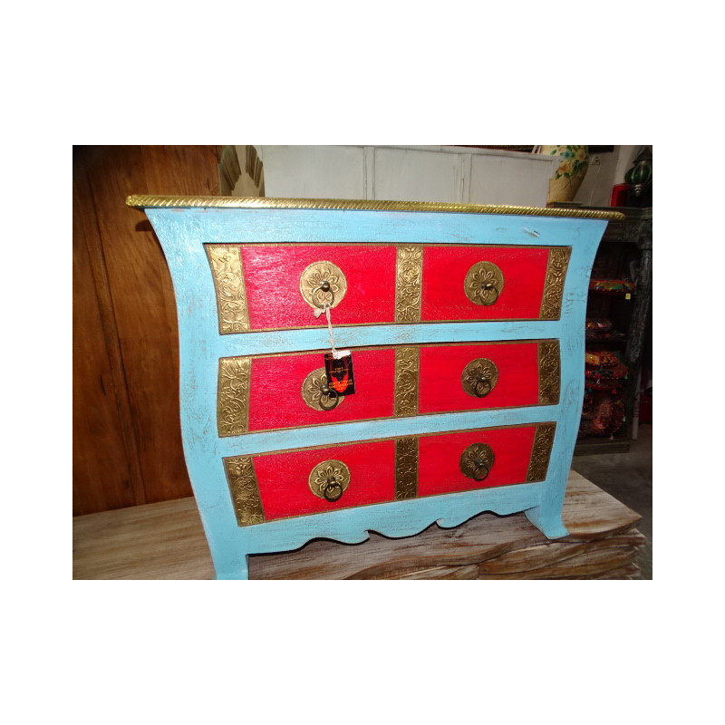 Indian chest  red and turquoise with 6 drawers decorated with brass