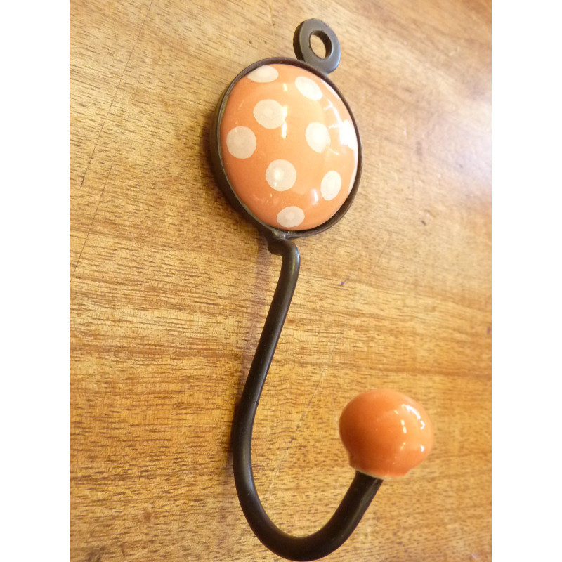Porcelain hook with orange color and white polka dots