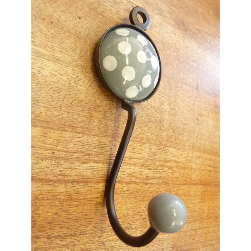 Round ceramic coat hook gray color with white dots