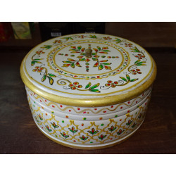 Round box hand painted in white and...