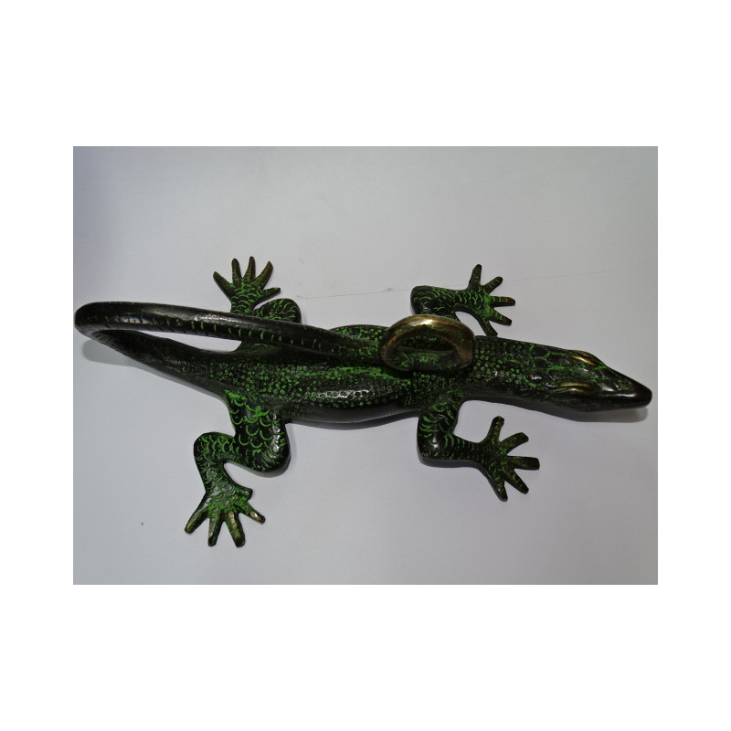 Large black lizard bronze handle with green patina - left