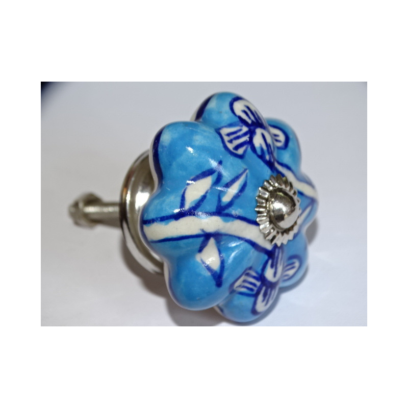 Pumpkin handle in turquoise porcelain with ultramarine flowers - silver