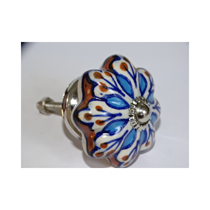 Pumpkin handle in brown porcelain and turquoise flower - silver