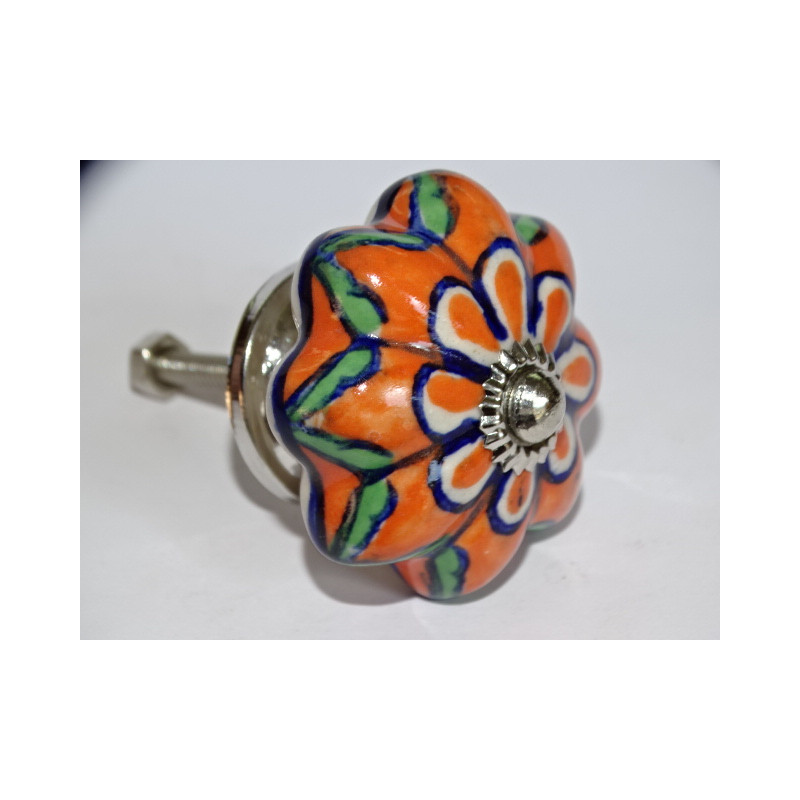 Porcelain pumpkin handle with orange and green flower - silver
